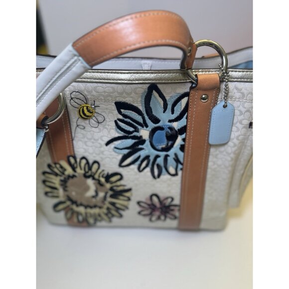 Coach Bumblebee Flower Sig C Floral Handbag Tote Purse 14x9x5” VGUC - Picture 1 of 4
